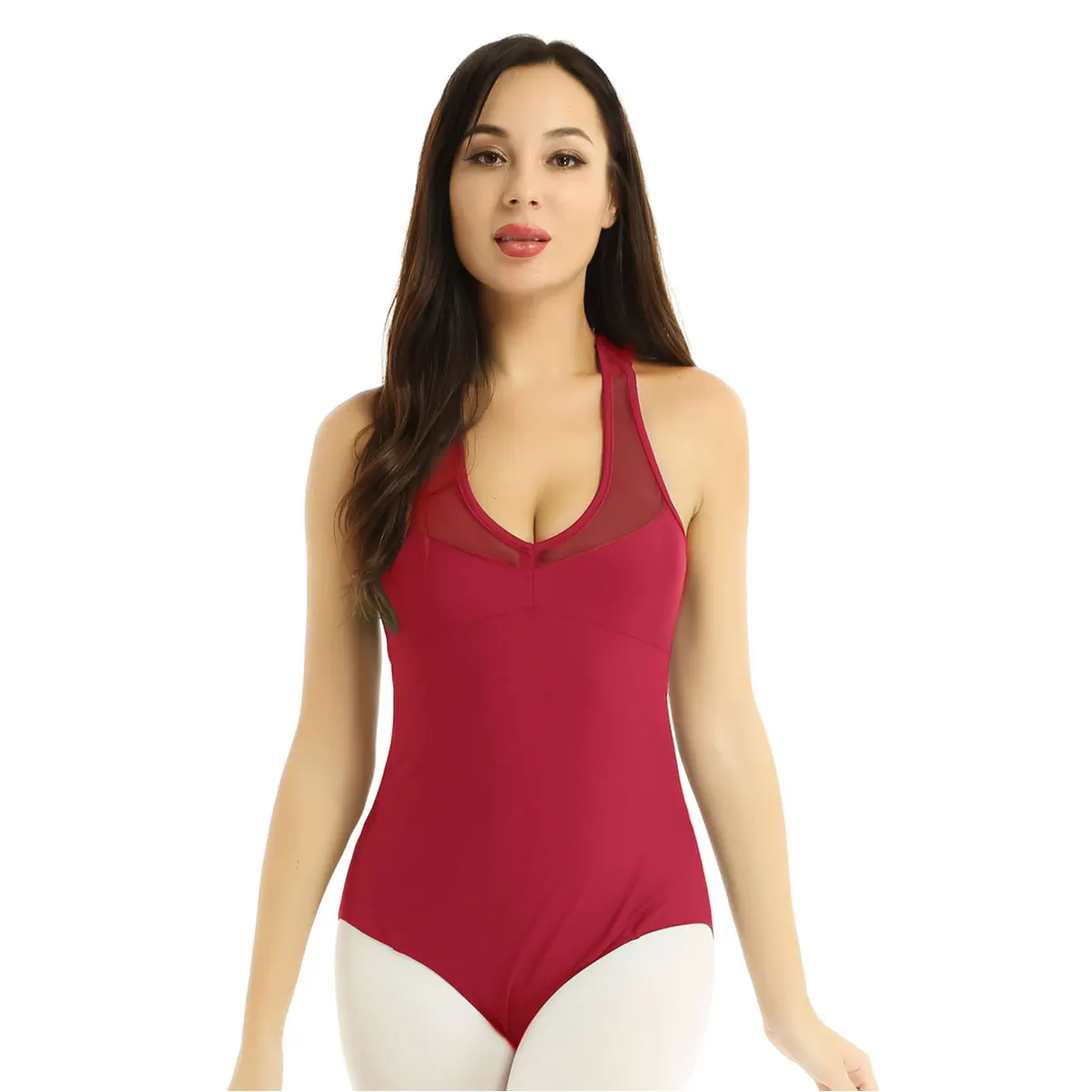 Ballet Leotard V-neck Sleeveless Mesh Splice Women Adult Ballet Gymnastics Leotard Bodysuit Dance Clothes Ballerina Dancewear