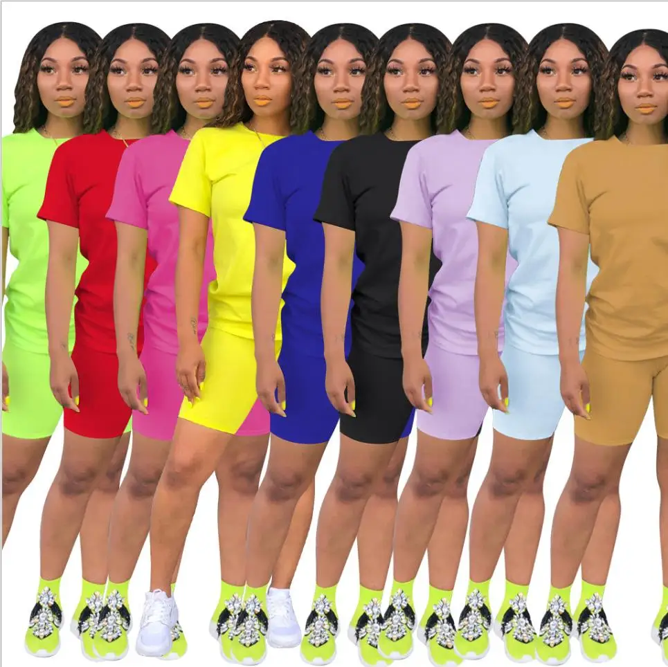 

Summer Women Short Sleeve O-Neck Tee Top Pencil Shorts Suits Two Piece Set Sporty Active Tracksuit Outfit