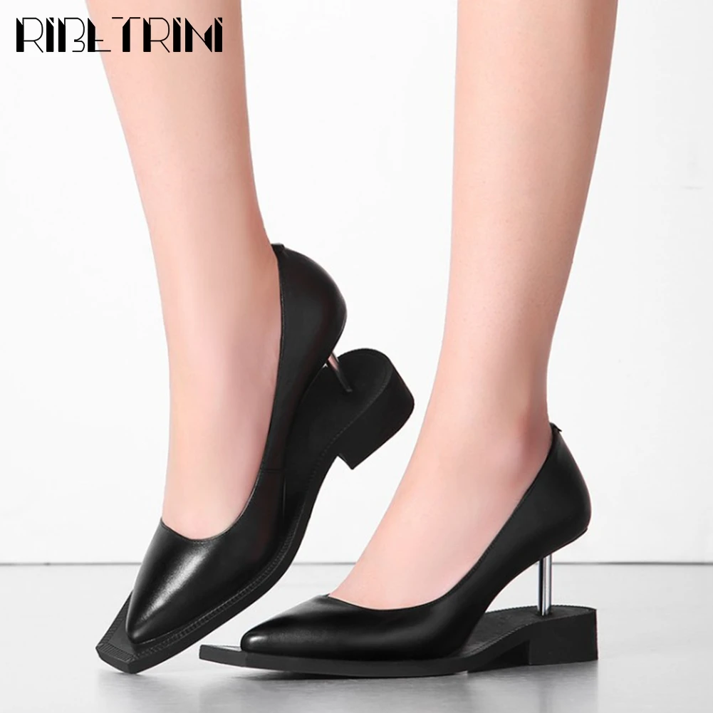 

RIBETRINI Genuine Leather Brand Female Solid High Heels Square Toe Designer Shoes Women Pumps Casual Consise Pumps