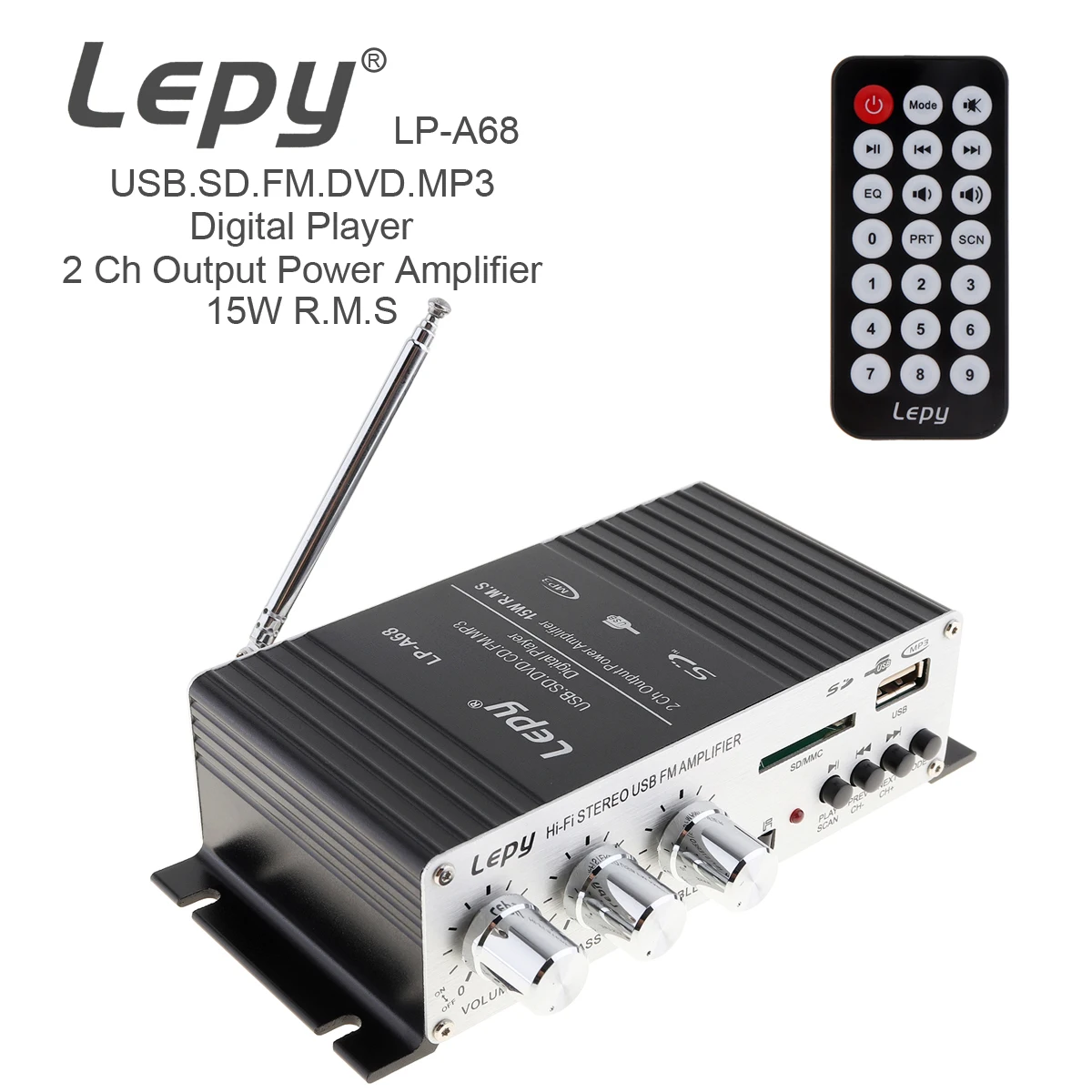 LP-A68 15W x 2 2CH HI-FI Digital Audio Player Car Amplifier FM Radio Stereo Player Support SD / USB / MP3 DVD Input EU/US Plug