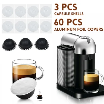 

Reusable Refill Coffee Machine Espresso Capsule Pods Shell For Nespresso Vertuo 3Pcs Capsule Shells With 60pcs Covers