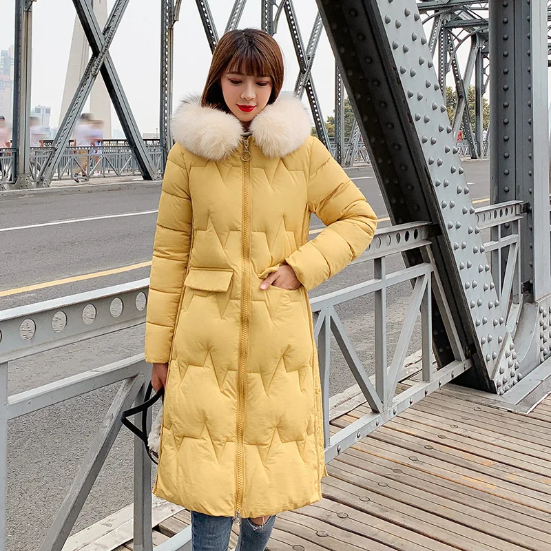 Парка, пальто, толстый теплый тонкий пуховик, Женская длинная куртка с капюшоном и большим меховым воротником, зимняя негабаритная женская уличная куртка - Цвет: yellow