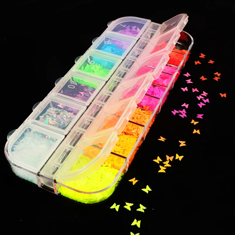 12 Grid/Set Fluorescence Butterfly Sequins Nail Art Glitter Slices Flakes 3D Mixed Color Sparkly Gel Polish Manicure Decorations | Красота и