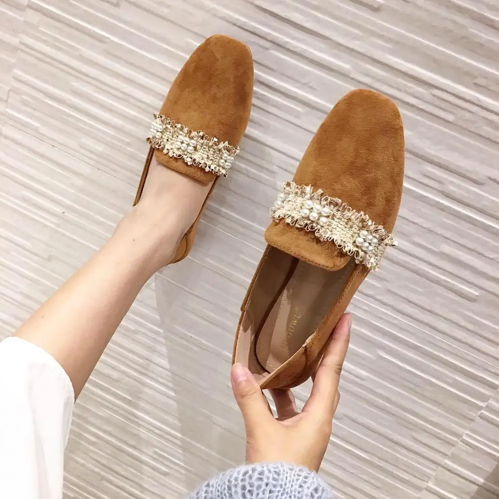 Fringe beading square toe flats slip on casual solid flock brief moccasins comfy brief women shoes leisure femme korean loafers