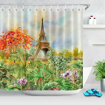 

Green Palm Leaves Flower Romantic Eiffel Shower Curtain Set Hooks Bathroom Decor