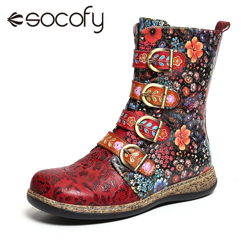 Ladies Shoes Ankle-Boots Botines Socofy Retro-Printed Women Buckle Metal Zipper Winter