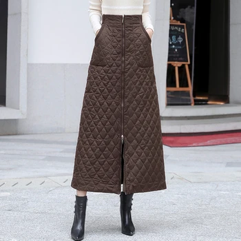 

Plus size black down cotton maxi skirts womens winter clothes 2019 high waist vintage zipper casual loose long skirts for women