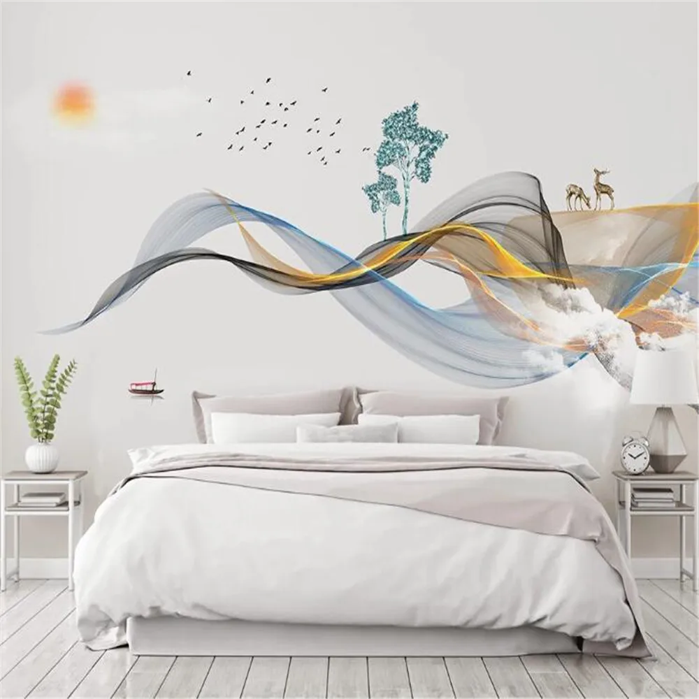 

Milofi custom wallpaper wall cloth new Chinese style hand-painted abstract lines ink landscape elk background wall painting