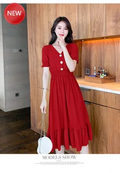 

Dress 2020 New Arrive Women V Neck Button Slim A Line Dress Solid Color Casual Fashion Chic Dresses Spring Summer