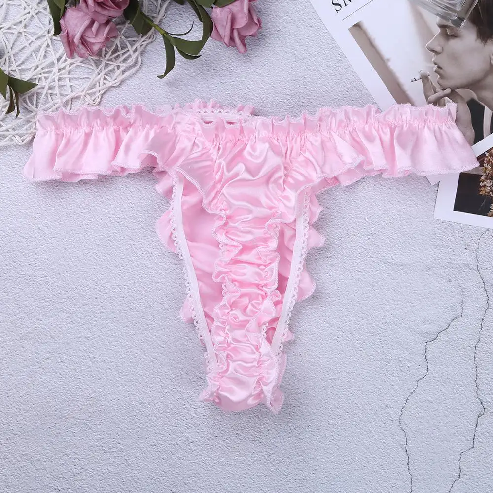 Sexy Men Satin Bikini Briefs Thong Underwear Soft Shiny Ruffled Frilly Sissy Panties High Cut Open Butt Thongs Erotic Lingerie