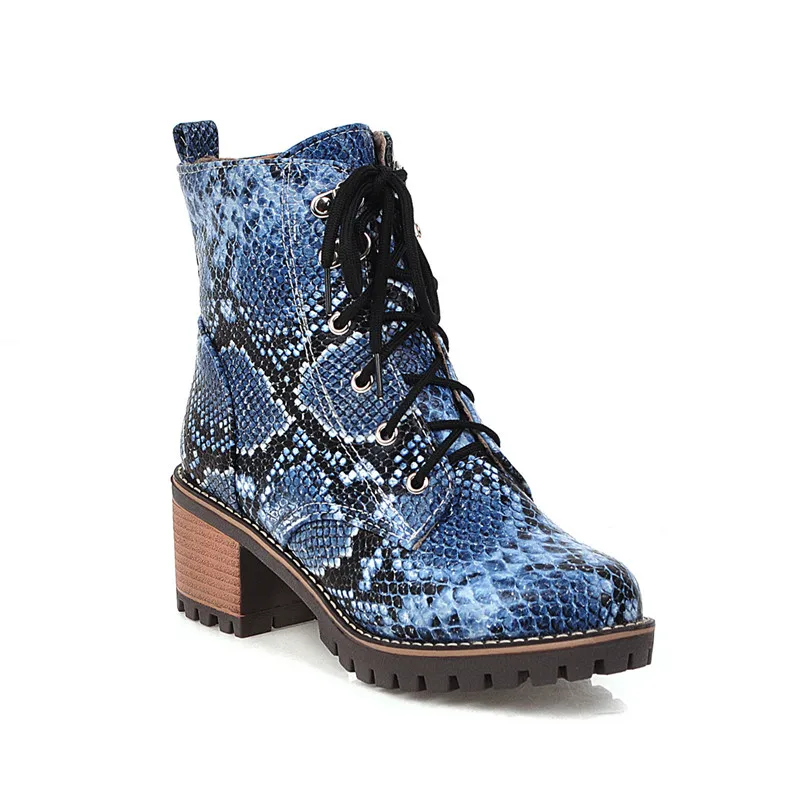 MORAZORA/ Горячая на квадратном каблуке; ботинки на платформе для женщин на осень-зиму повседневная обувь с круглым носком на шнуровке из змеиной Модные ботильоны для женщин - Цвет: Синий