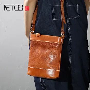 

AETOO Hand-stitched leather slant bag, men's universal one-shoulder bag, retro do old hundred-and-right small bag