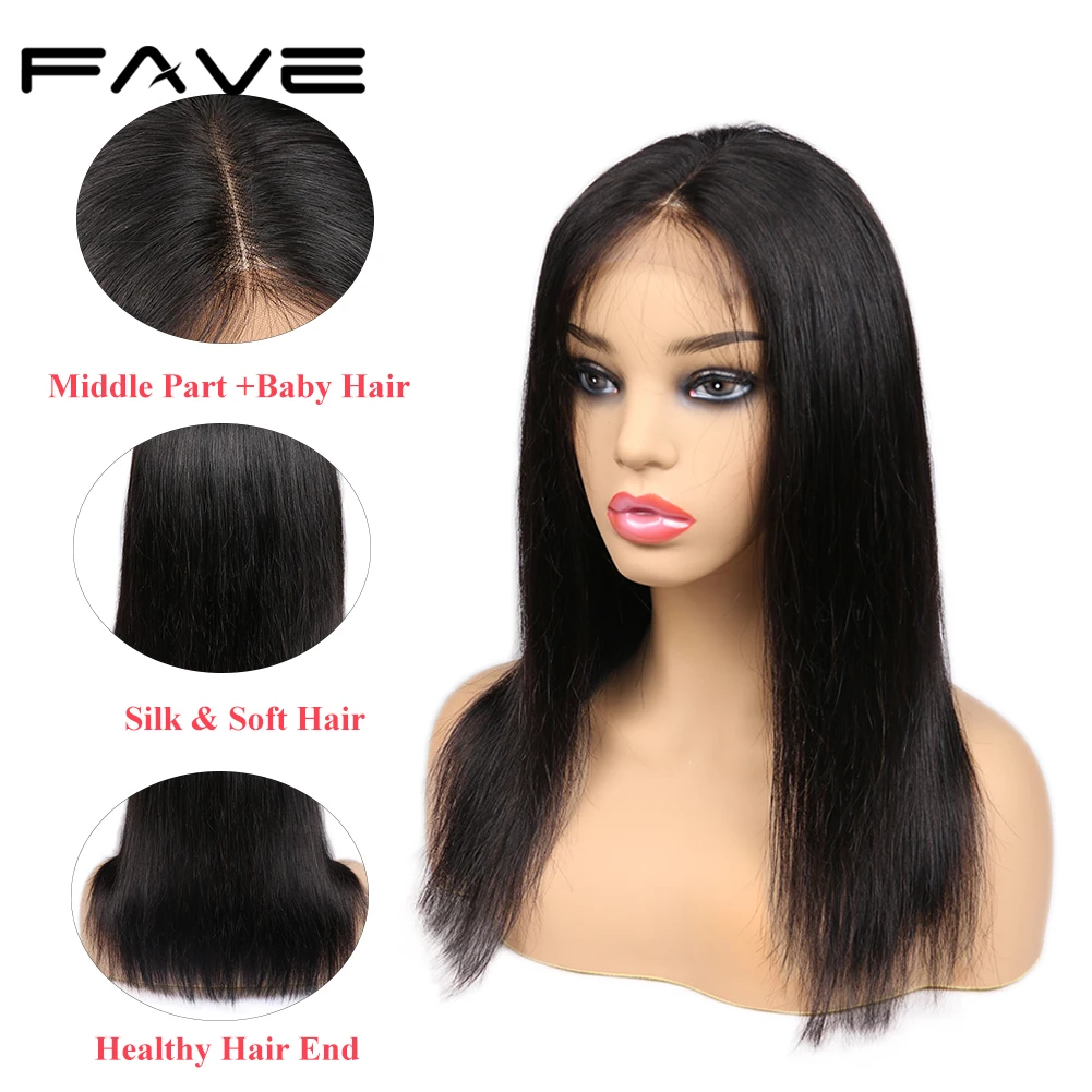 FAVE 4X4 Lace Front Straight Human Hair Wigs 180% Middle Part Natural Black Glueless Brazilian Lace Closure Wigs For Black Woman