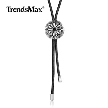 

New Vintage Mens Bolo Tie Leather Alloy Charm Necklace Daisy Round Medal Charm Dance Rodeo Western Cowboy Adjustable DN169