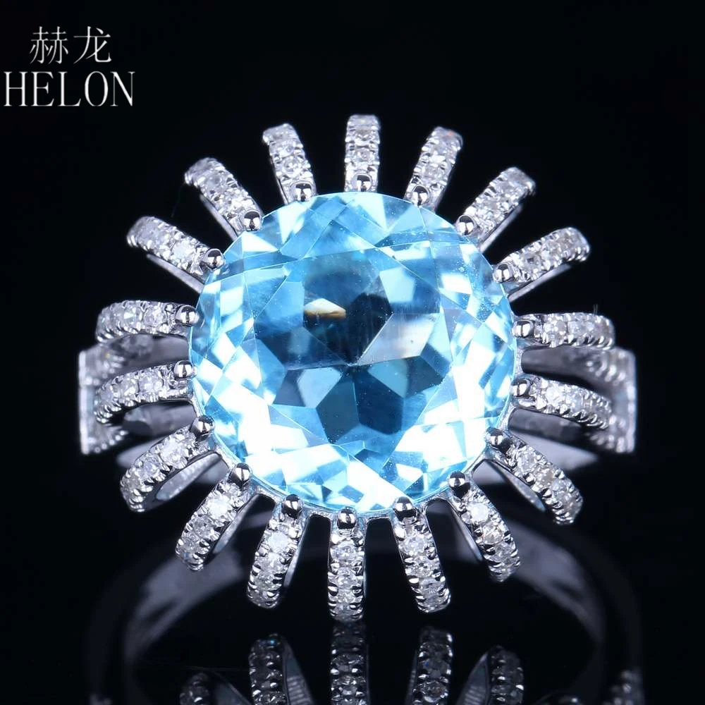 HELON Solid 14K White Gold Flawless Round 11mm Natural Blue Topaz Diamond Wedding Ring Women Engagement Trendy Fine Jewelry Ring