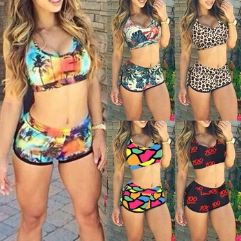 

Two Pieces Bikini 2020 Ladies High Waist Swimsuit Swimwear Women Padded Tankini Swimsuit Push Up Sexy Bikini Print With Shorts