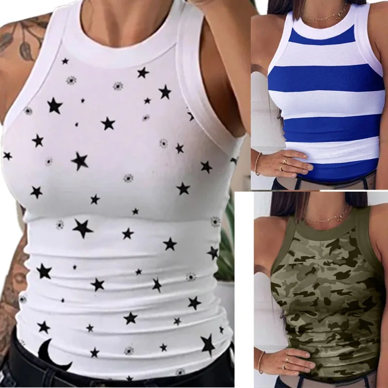 Summer Women Print Striped Tank Tops Sexy Round Neck Sleeveless Vest