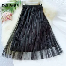 DANJEANER Spring Summer Skirts Womens Beading Mesh Tulle Skirt Women Elastic High Waist A Line Mid Calf Midi Long Pleated Skirt
