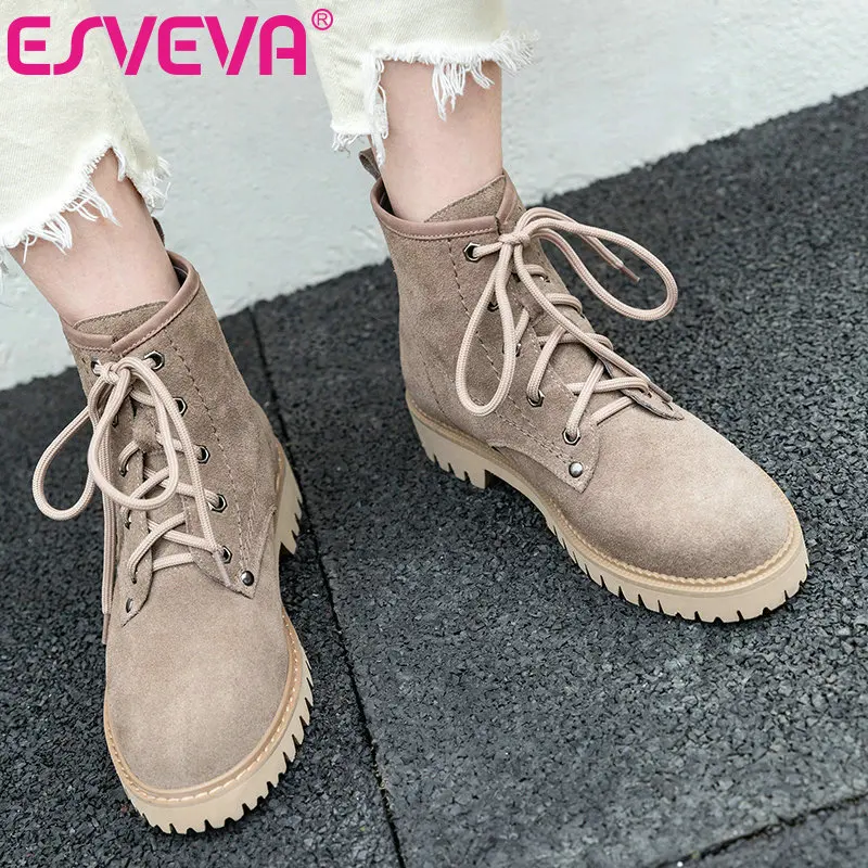 

ESVEVA 2020 Women Shoes Winter Ankle Boots Square Low Heel Western Style Lace Up Elegant Motorcycle Platform Boot Size 34-39