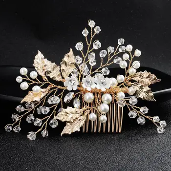 

Wedding Hair Combs Handmade Crystal Pearls Bridal Hair Headband Accessories Gold Color Women Headdress FS117