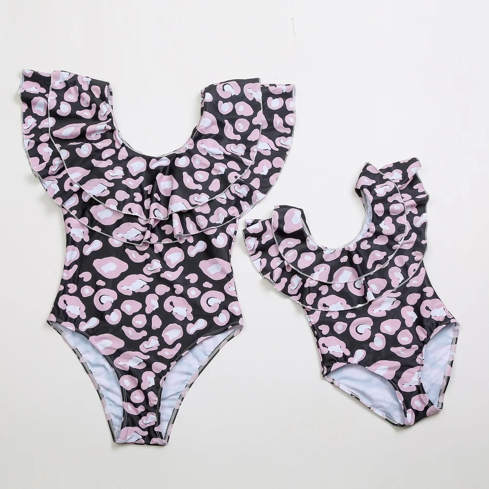 

leopard ruffled swimsuit mother daughter matching swimwear mommy and me clothes family look mom and baby bathing suits dresses