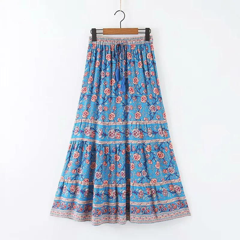 

Europe And America Autumn New Style High-waisted Slimming Versatile Bohemian Elastic Waist Lace-up Positioning Printed Skirt
