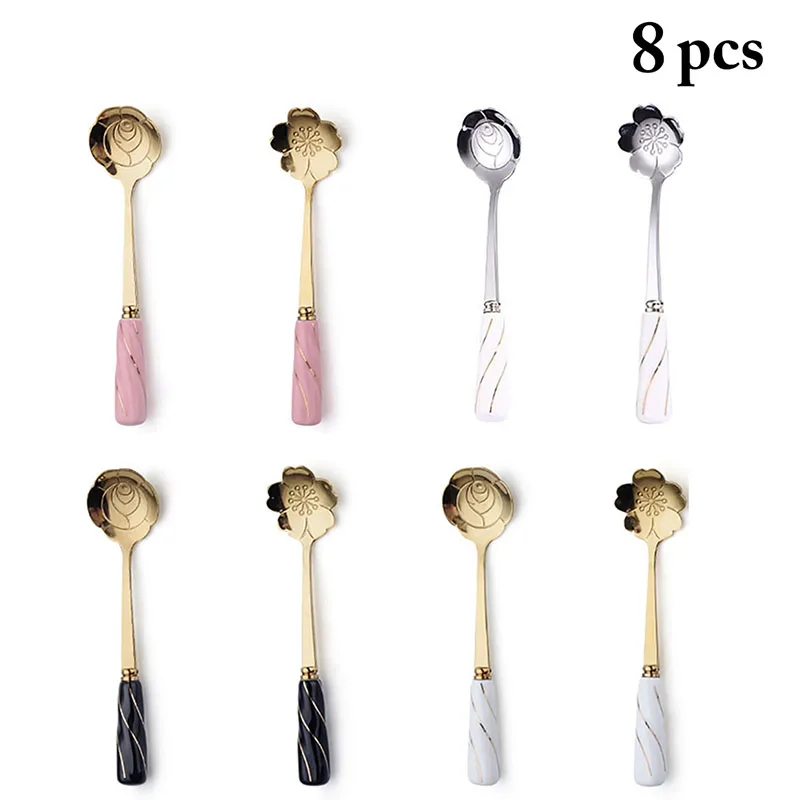 

8 шт Кофе ложка Нержавеющая сталь чайная ложка с цветочным рисунком десерт торт ложка для мороженого коктейль ложка аксессуары для кухонного бара