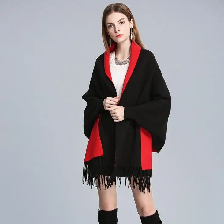 black red Женский шарф, накидка, зимнее пончо с цветочной вышивкой, шарф, большие размеры, толстые теплые шарфы с кисточками, длинная шаль bufanda mujer - Цвет: black red