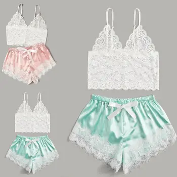 

Women Sexy Silk Pajama Spaghetti Strap Female Lingerie Laces V Neck Vast Camisole Nightgown Sleepwear Babydoll