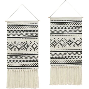 

2Pcs Macrame Woven Wall Hanging Tapestry, Bohemian Home Decor Geometric Art Decor Backdrop Black