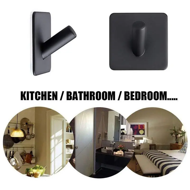 304 Stainless Steel Coat Hanger Black Towel Hook Rack Rail,Self Adhesive Hooks Square for Kitchen Bathroom Lavatory Closets, 4 P