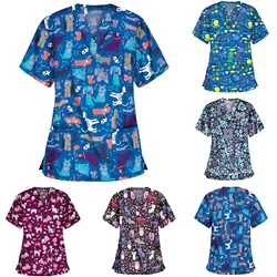 Women Blouse Short Sleeve Print V-neck Cartoon Pattern Tops Nursing Working Uniform Shirts V-neck Pocket Women Clothes uniforme