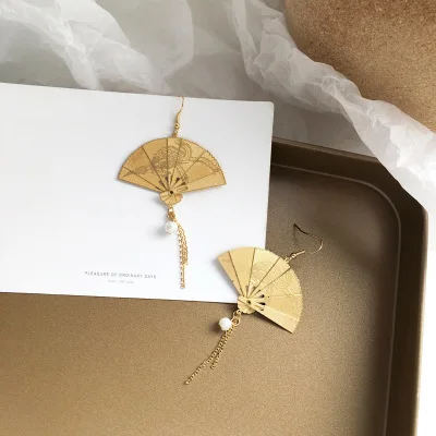 Fan-Ear hook USTAR, китайский стиль, складные веерные Висячие серьги для женщин, женские золотые жемчужные серьги-подвески вечерние ювелирные изделия, подарки - Окраска металла: Fan-Ear hook