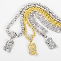 Pendentif tête de jésus-Christ pour hommes, collier à breloques en cristal brillant glacé avec chaîne, bijoux Hip Hop 4