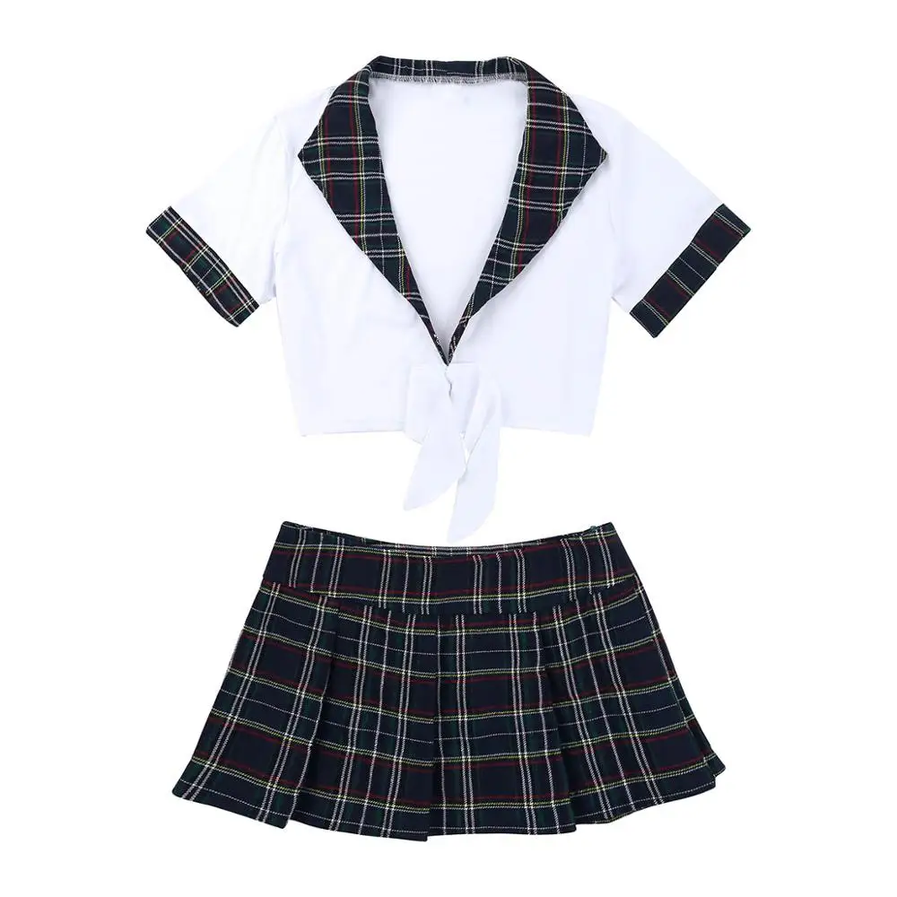 FEESHOW Women Schoolgirl Uniform Crop Top and Plaid Skirt Cosplay Costume for Lingerie Role playing Games anime school girl uniform costume