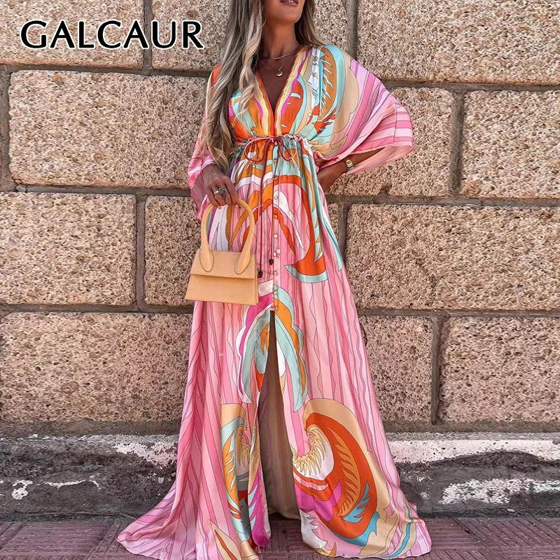 Женское винтажное платье GALCAUR розовое с V-образным вырезом и длинным рукавом