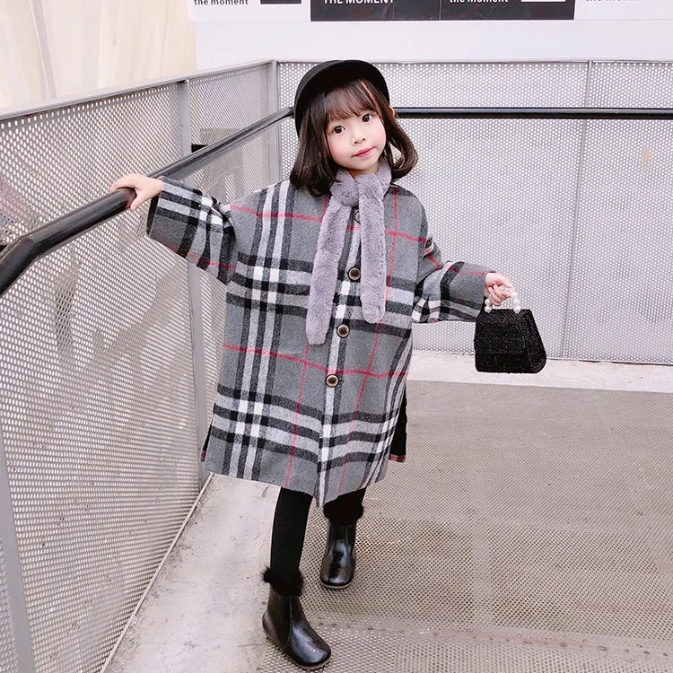 

Autumn Winter Girl Wool Coat Korean Version Girl Fashion Retro Long-sleeved Round Loose Collar Thick Plaid Tweed Coat Gift Scarf