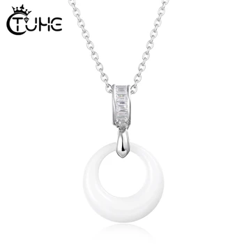 

Classic Circle Round Pendant Necklace With Cubic Zirconia Pink Blue White Ceramic Chain For Women Jewelry
