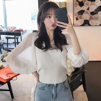 

Spring Knitted Sweater Women Korean Slim Basic Pullover Ladies V Neck Lantern Sleeve Casual Pull Femme Jumpers