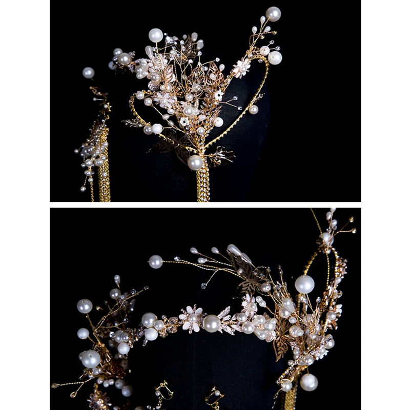 Fashion Headdress Earrings Fairy Tiaras Butterfly Pearl Bead Chain Tassels Model Show Studio Photo Shoot Decoration Accessories