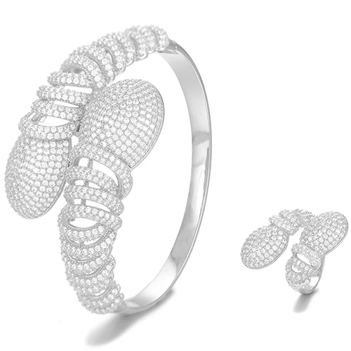 GODKI Luxury 2 PCS Bangle Ring Set for Women Wedding Cubic Zirconia Choker Necklace Earring Dubai Jewelry Set Jewellery Addict - Окраска металла: Silver
