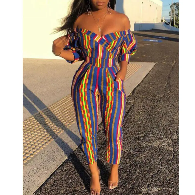 

Striped Women Jumpsuit Off Shoulder Sexy Strapless Romper Ladies Summer Casual Long Pants Trouser Streetwear