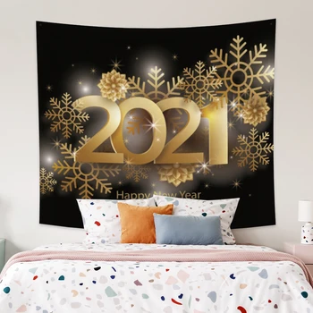 

Laeacco Fashion Tapestry Golden Snowflakes Model 2021 Happy New Year Printing Wall Art Hangings Home Living Room Decor Polyester