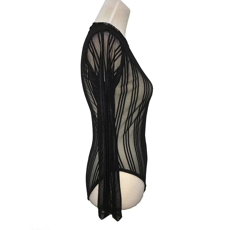 SEBOWEL женский черный полосатый прозрачный сетчатый боди с длинным рукавом женский облегающий прозрачный топ для тела Одежда Клубная осень весна