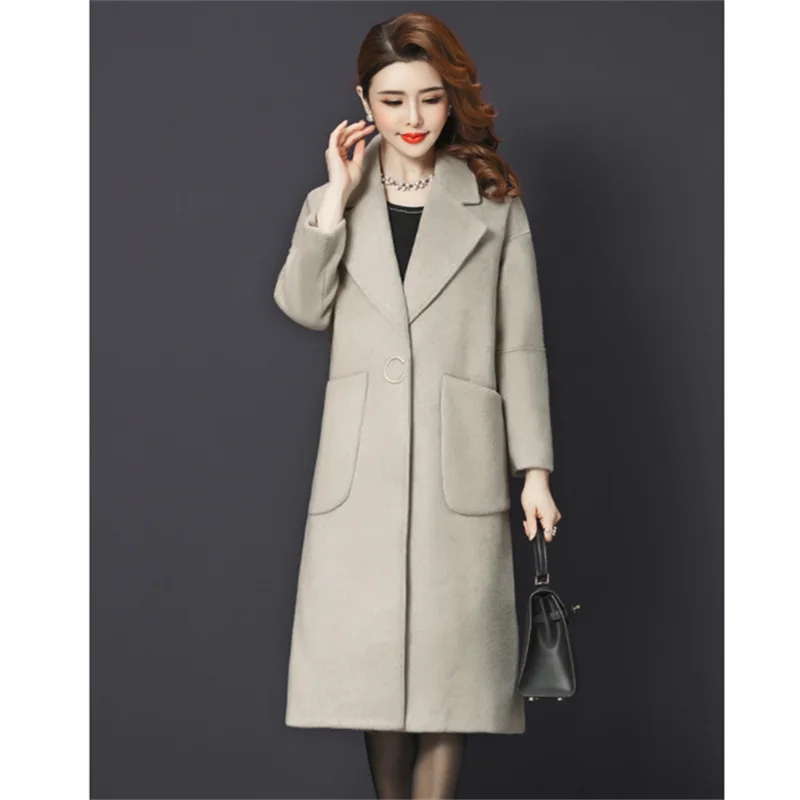 Зимнее женское пальто шерсть длинное пальто размера плюс элегантное винтажное модное кашемировое корейское пальто - Цвет: Серый