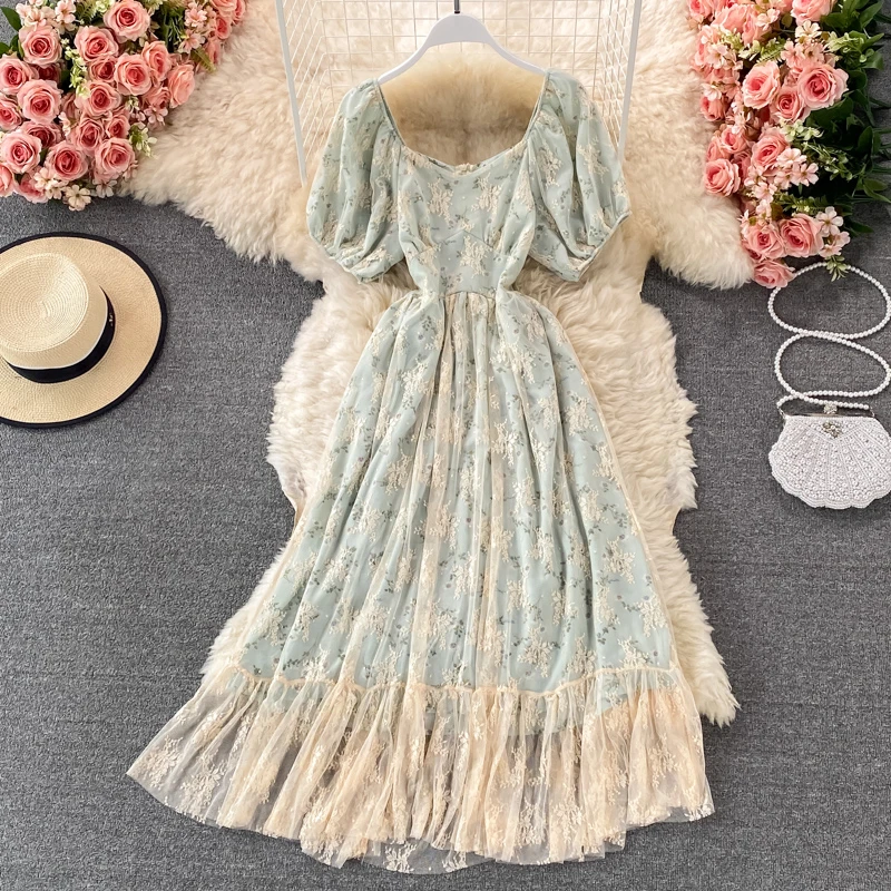 

Vintage Floral Embroidered Short Sleeve Mesh Chiffon Dress 2023 Women Summer Elegant Square Neck Boho Lace Long Dress Vestidos