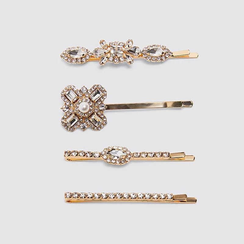 Dvacaman Trendy ZA Design 4 PCS/Set Flower Crystal Hair Clips Women Punk Gold Color Metal Rectangle Barrettes Gift Hair Pin
