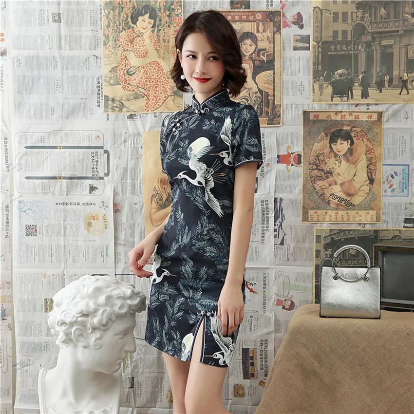 Традиционное китайское Qipao для женщин дракон кран печати классическое Ципао разделение Мандарин Воротник Тонкий Короткие платья вечернее