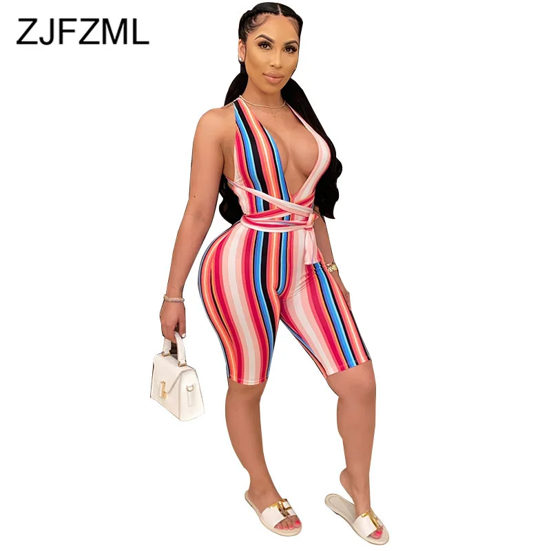 High Elastic Summer Club Party Bodysuits For Women Striped Spliced Backless Slim Outfit Casual Deep V Neck Sleeveless Jumpsuits High Elastic Summer Club Party Bodysuits For Women Striped Spliced Backless Slim Outfit Casual Deep V Neck Sleeveless Jumpsuits