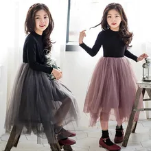 Robe de printemps pour filles, couleur unie, à manches longues, pour spectacle de fête, en maille, Patchwork, robe de princesse pour enfants